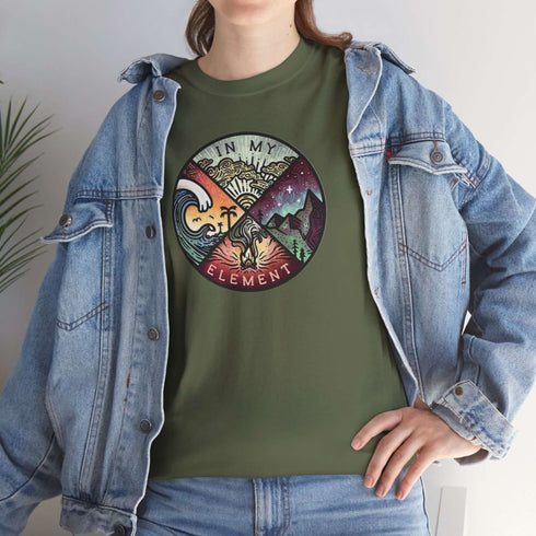 The In My Element t-shirt features a striking circular graphic representing the four classical elements—Fire, Water, Wind, and Earth.